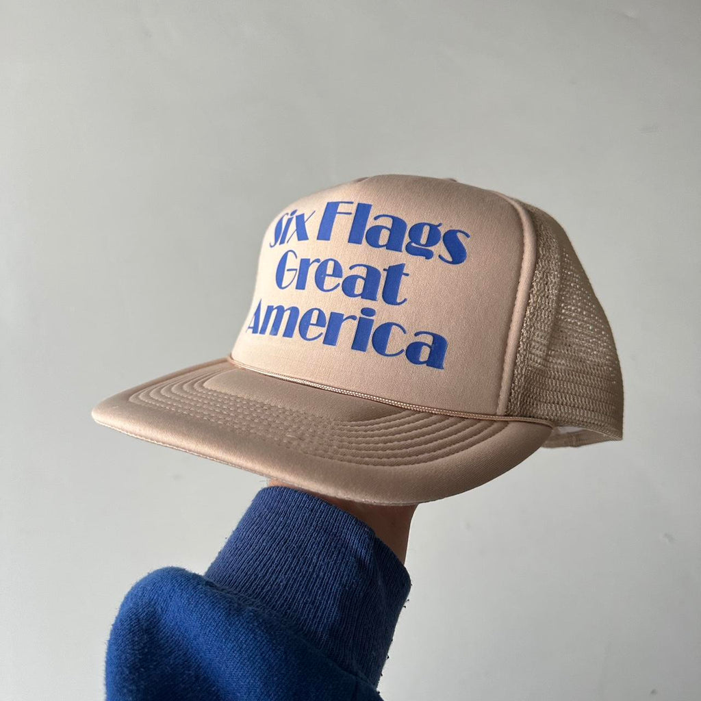 Cream Six Flags Vintage Foam and Mesh SnapBack Trucker Cap