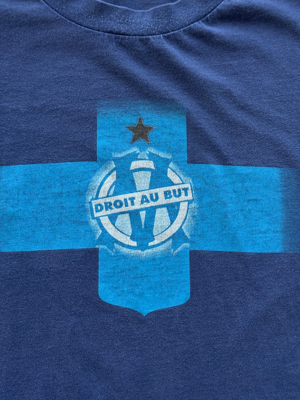 Navy Olympique de Marseille Droit Au But 90's Vintage Football Graphic T-Shirt -