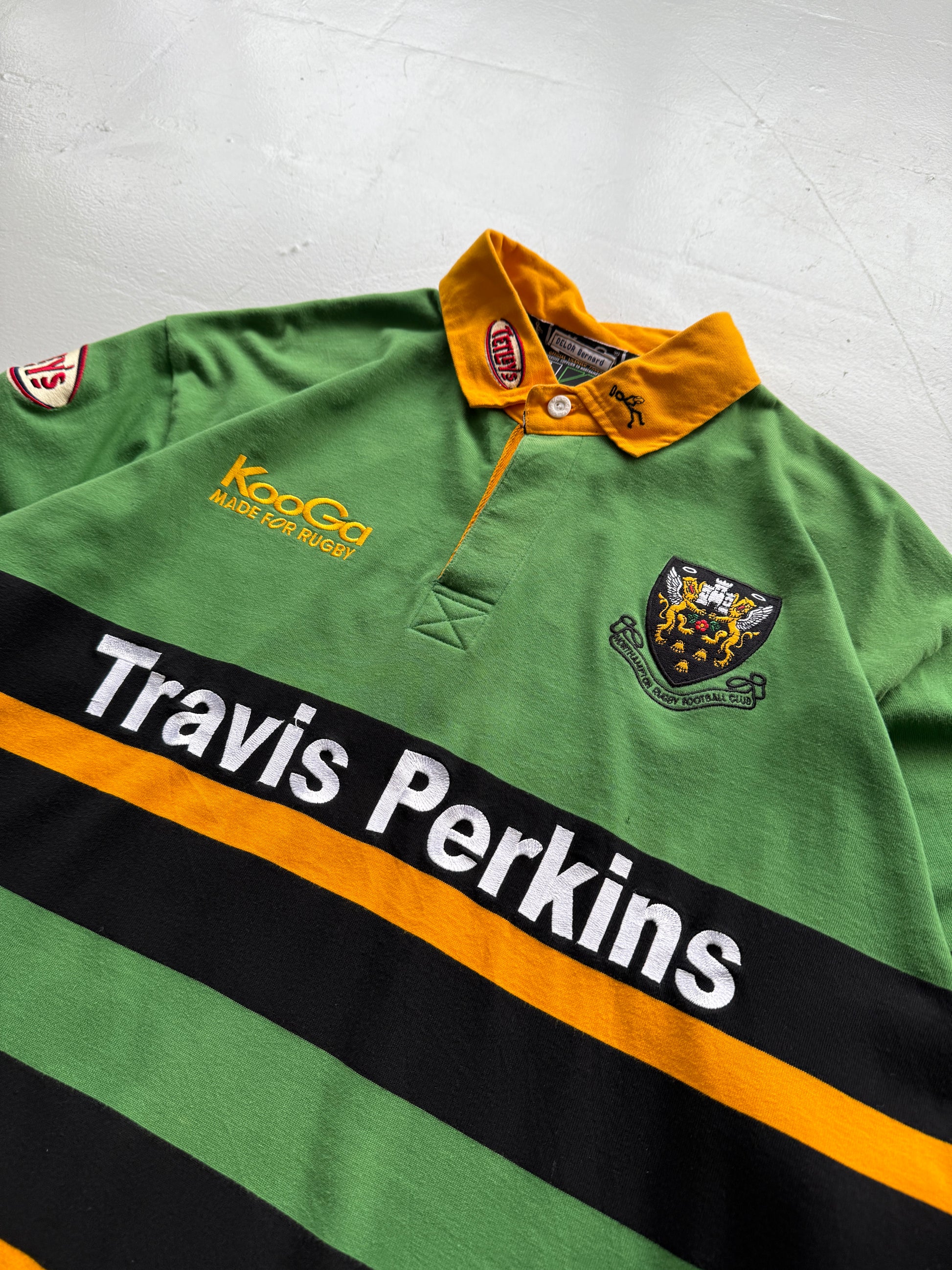 Green Striped Northampton Saints Rugby 00's Vintage Long Sleeve Jersey - XL