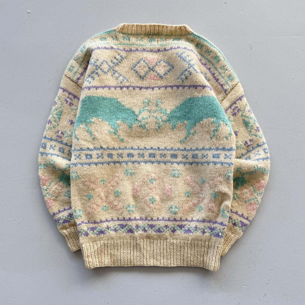 Cream Western Inspired Shetland Heavy Knit 80's Woollen Jumper - Small