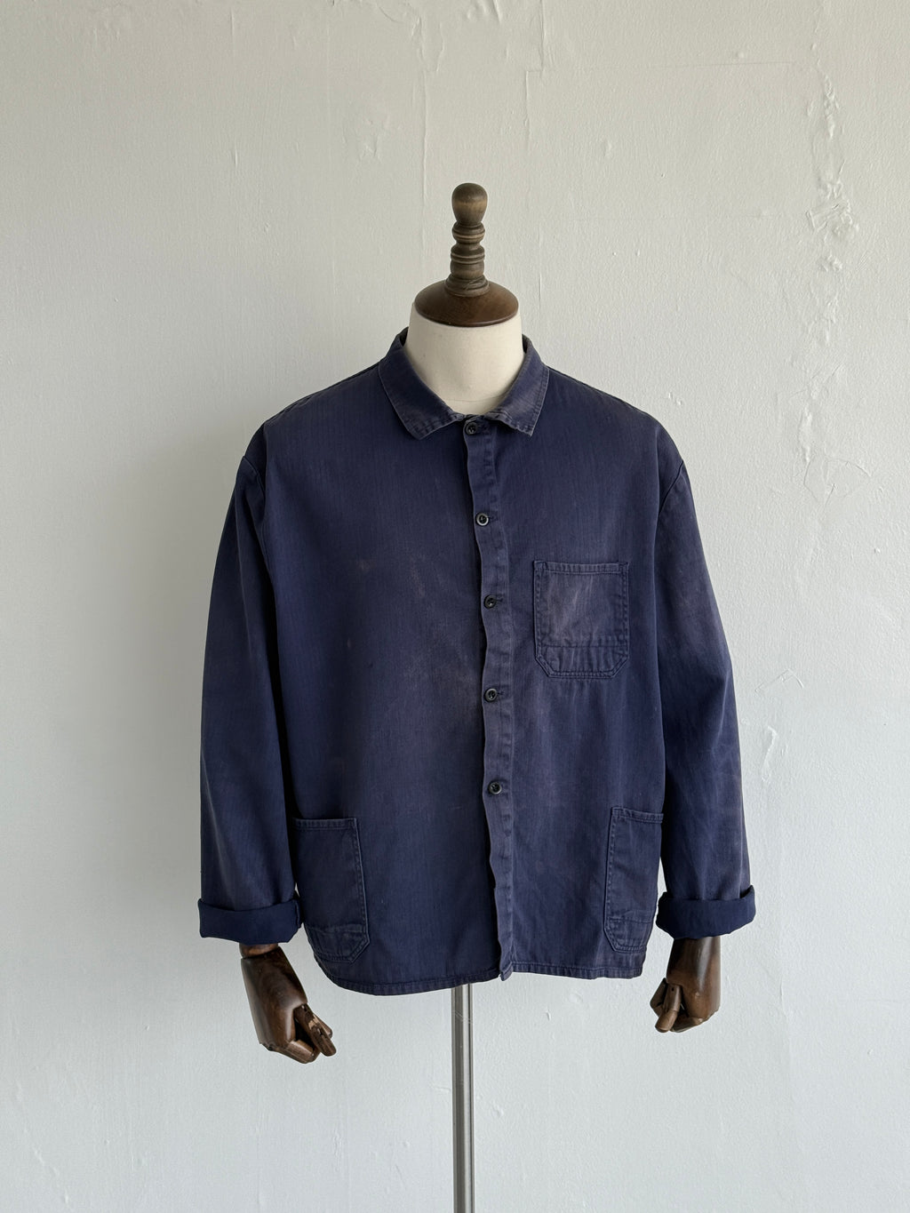 Thrashed Blue Herringbone French Vintage Workwear Chore Jacket CH363 - Large