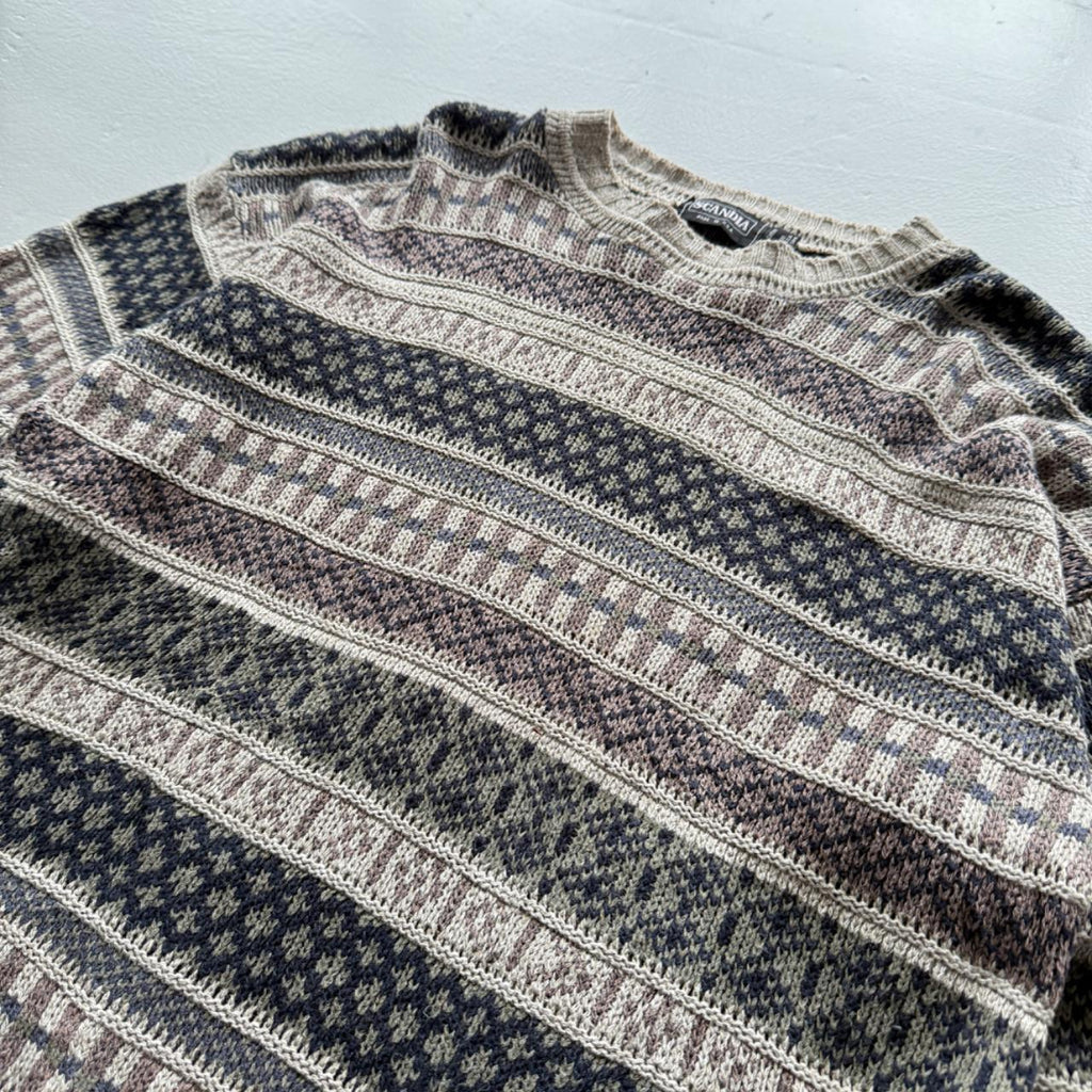 Brown Striped 90’s Vintage Geometric Knit Jumper - Large