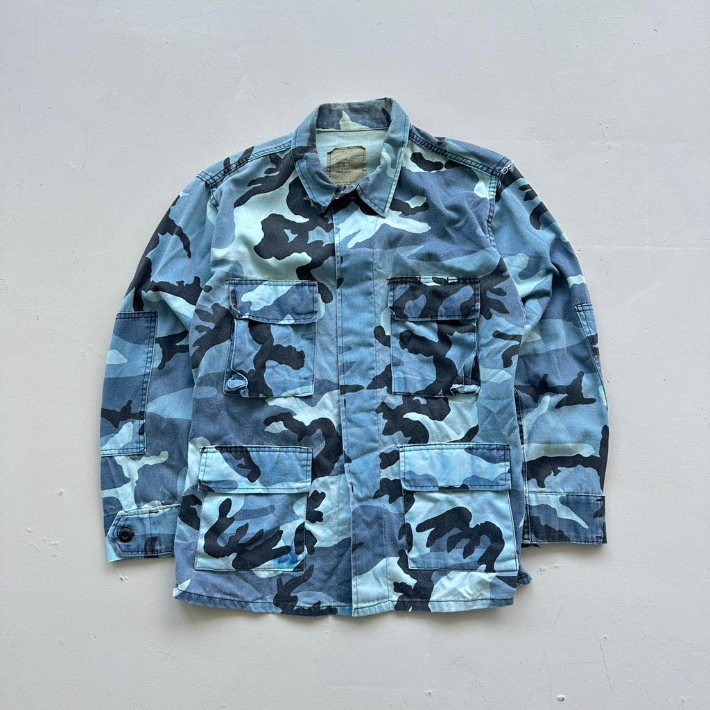 Blue Camouflage 90s Button-Up Military Long Sleeve Over-shirt - Small