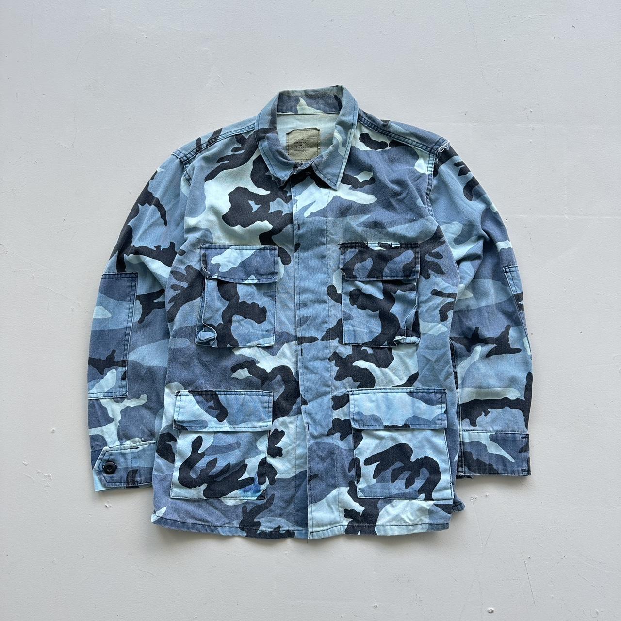 Blue Camouflage 90s Button-Up Military Long Sleeve Over-shirt - Small