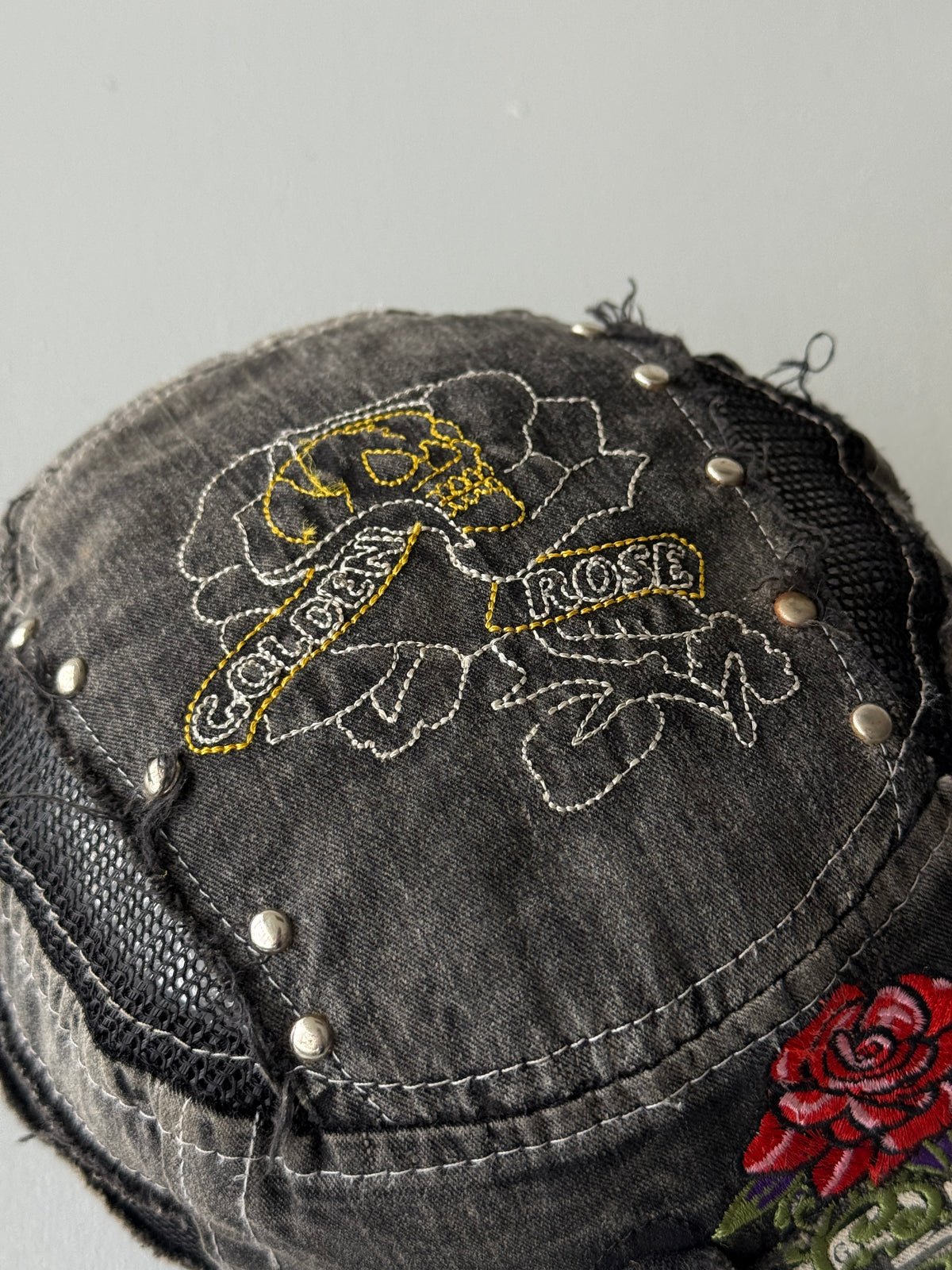 Grey Rose Studded Distressed Y2K Cadet Cap Military Style 00's Grunge Aesthetic