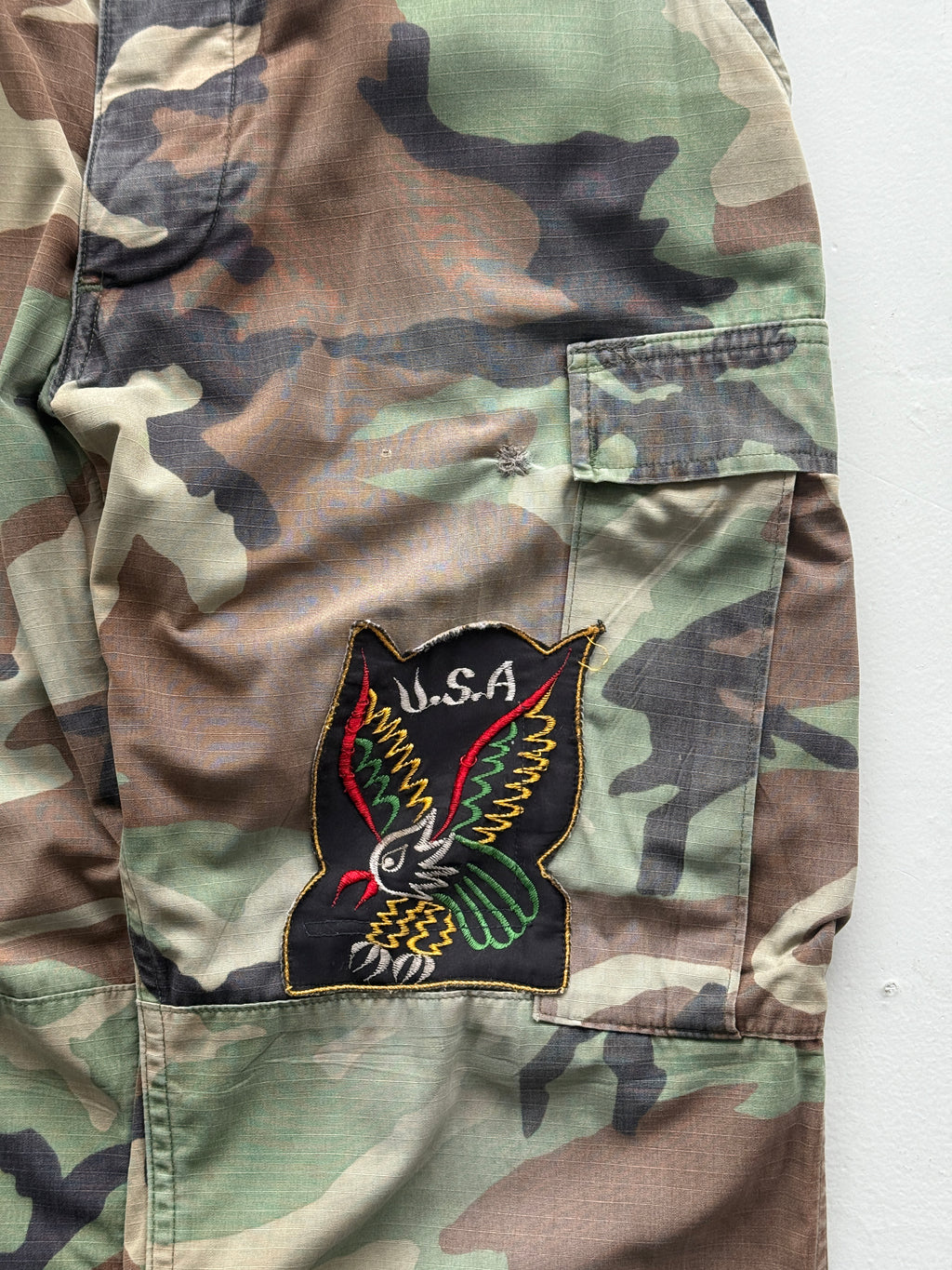 Green Camo Ripstop 80's Vintage Military Cargo Trousers - W34 x L31