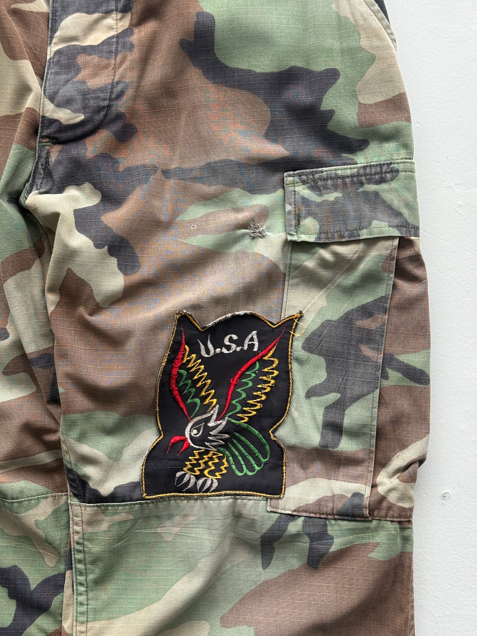 Green Camo Ripstop 80's Vintage Military Cargo Trousers - W34 x L31