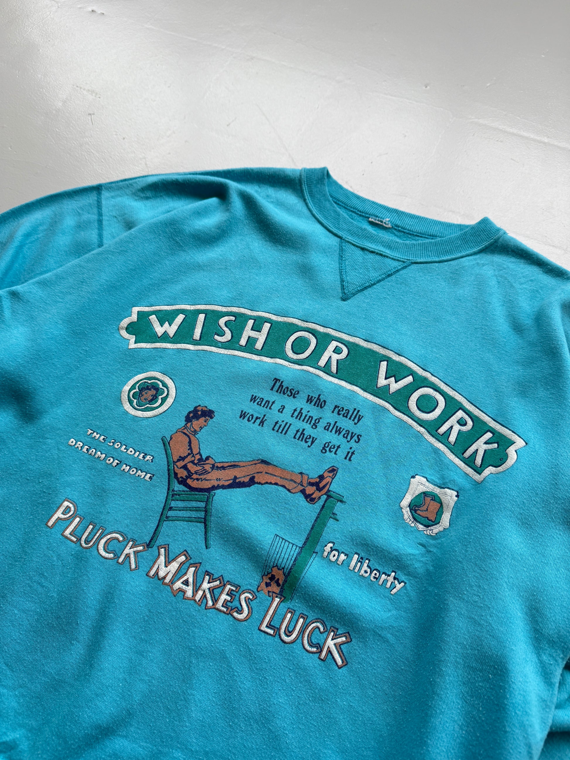 Light Blue Wish or Work 80's Vintage Graphic Sweatshirt Jumper - Large