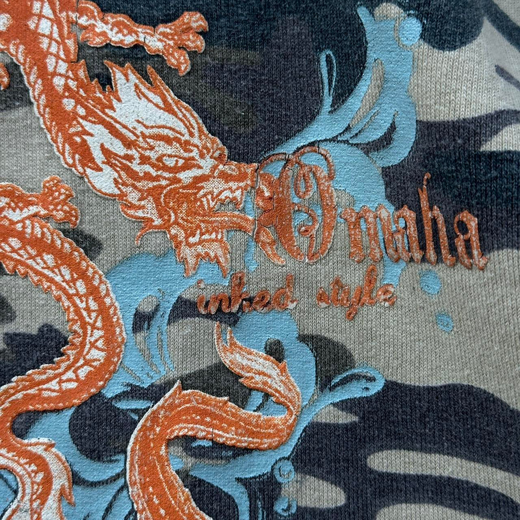 Grey Camo Tribal Dragon Y2K Full-Zip Hoodie - XL