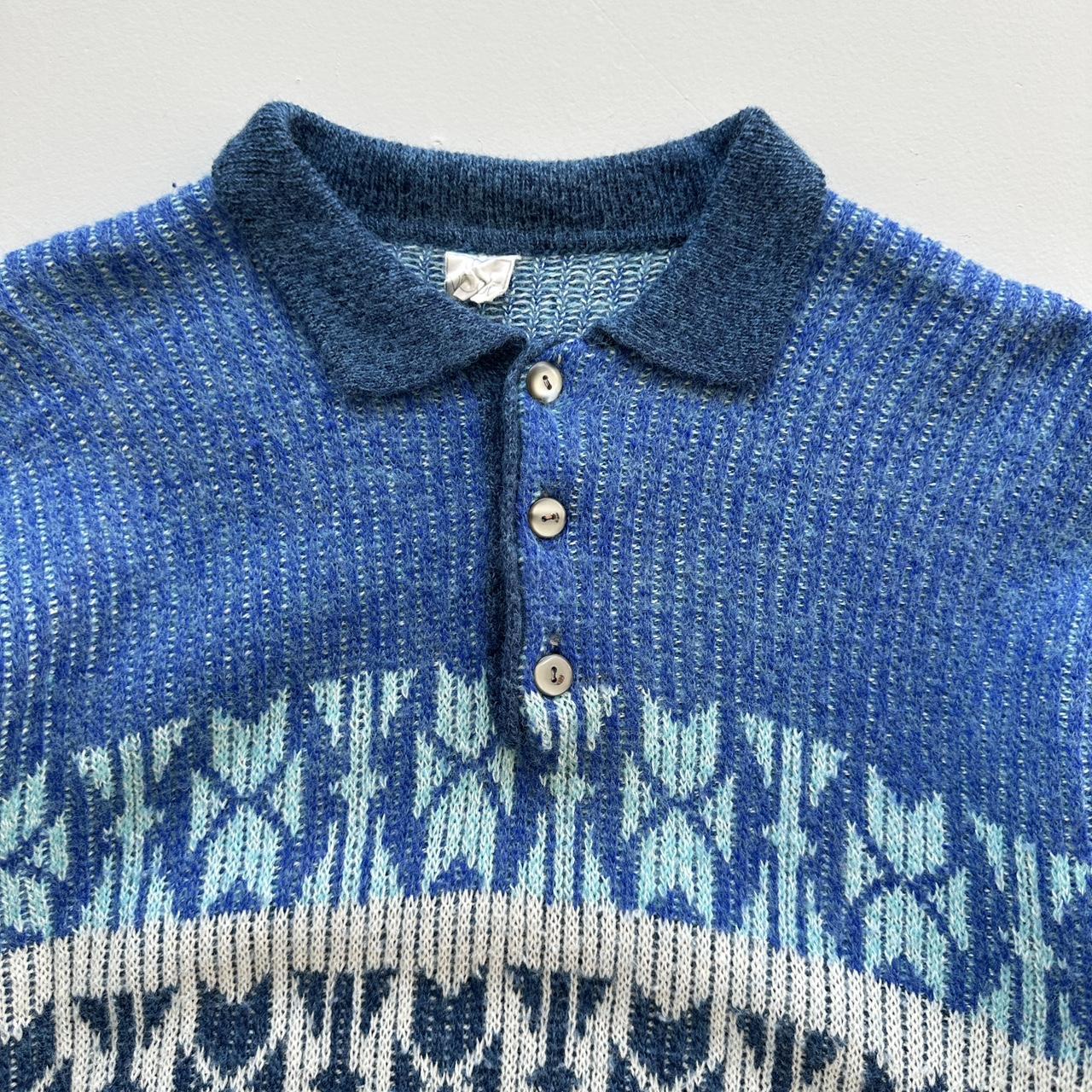Blue 3D Knit Quarter Collar 90s Knitted Sweatshirt - Large