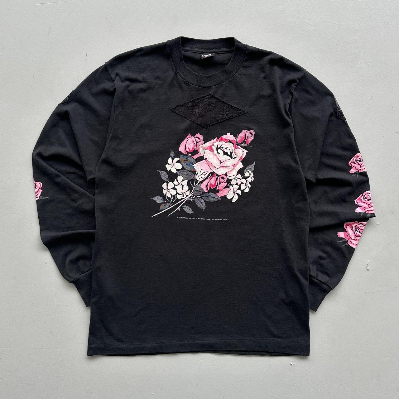Black Floral Long Sleeve Biker 90s Vintage T-shirt - Medium