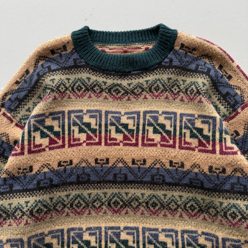 Green Aztec Woollen 90's Vintage Geometric Pattern Knit Jumper - Medium