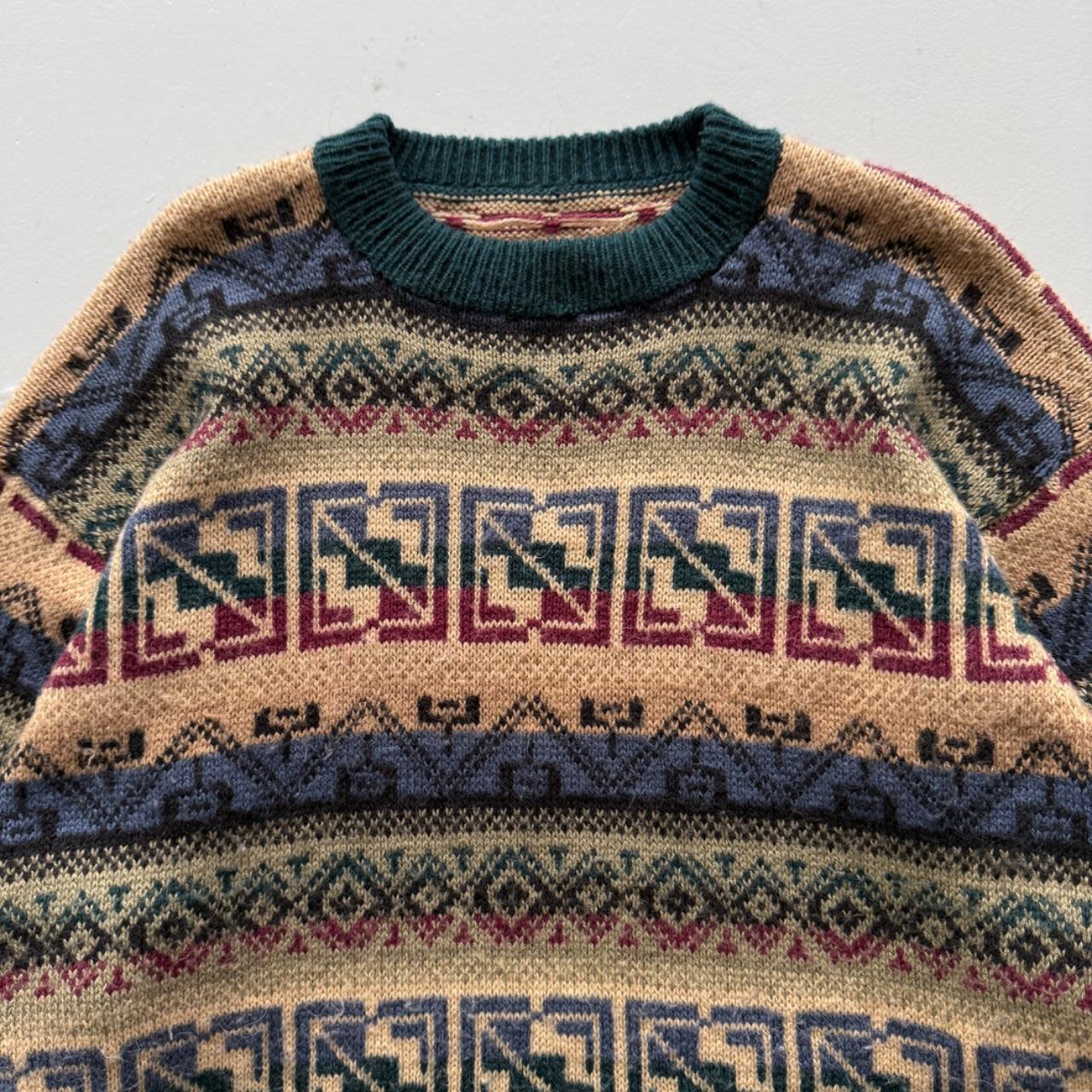 Green Aztec Woollen 90's Vintage Geometric Pattern Knit Jumper - Medium