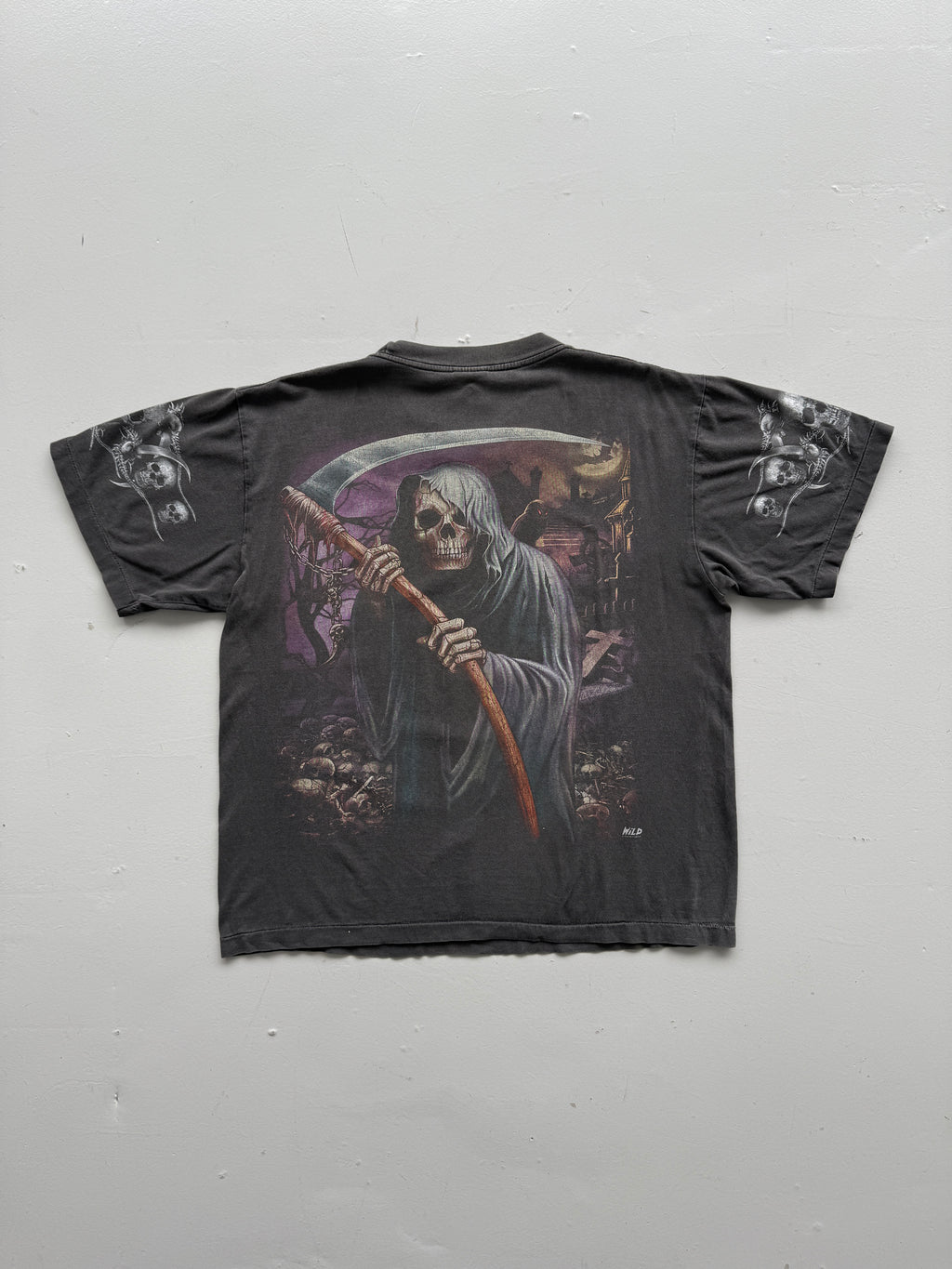 Grey Sun Faded Grim Reaper 90's Vintage Gothic Single Stitch T-Shirt- Boxy Large