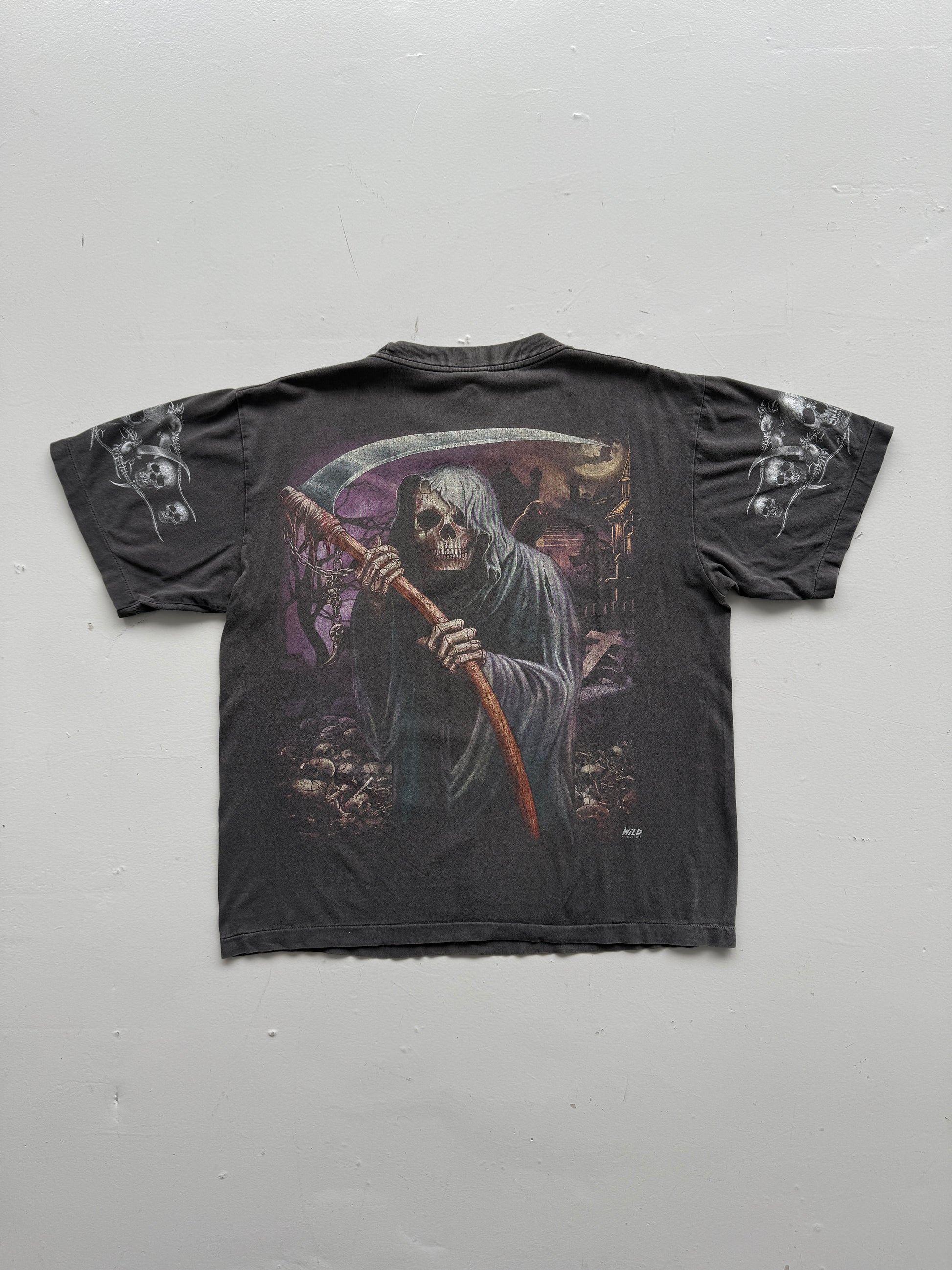 Grey Sun Faded Grim Reaper 90's Vintage Gothic Single Stitch T-Shirt- Boxy Large