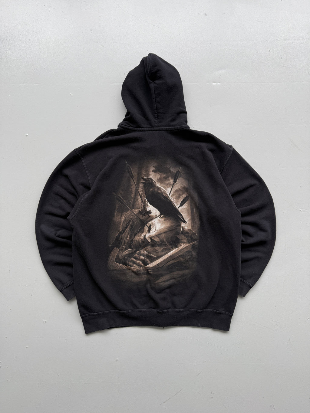 Black Gothic Raven Y2K Vintage Zip-Up Graphic Hoodie - XL