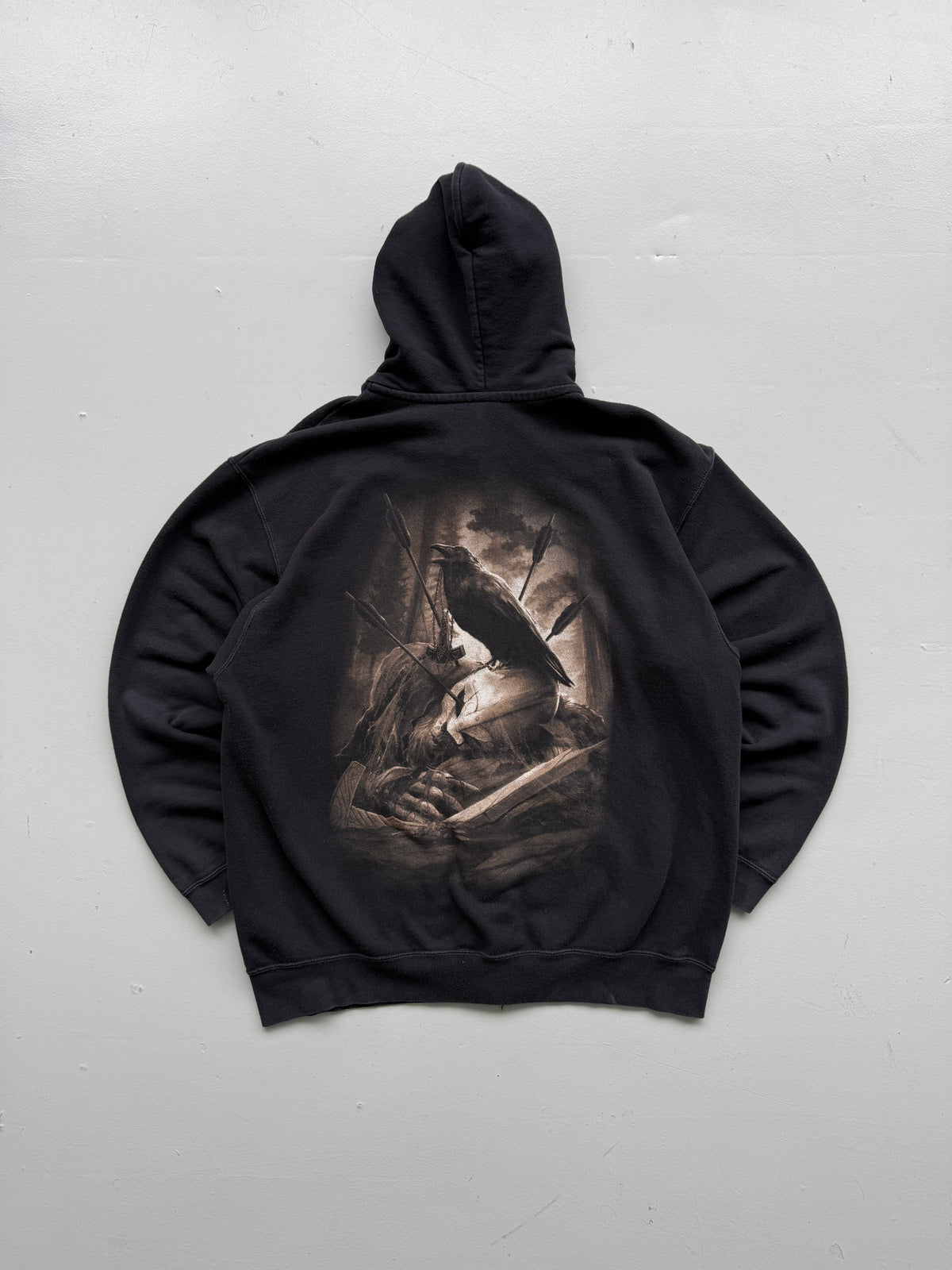 Black Gothic Raven Y2K Vintage Zip-Up Graphic Hoodie - XL